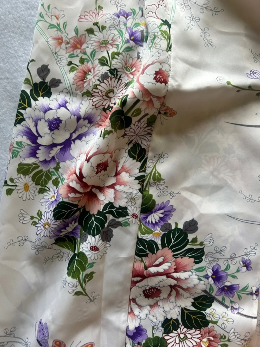 Floral Satin Robe in Ivory with Pink & Purple Blooms - Picture 6 of 8